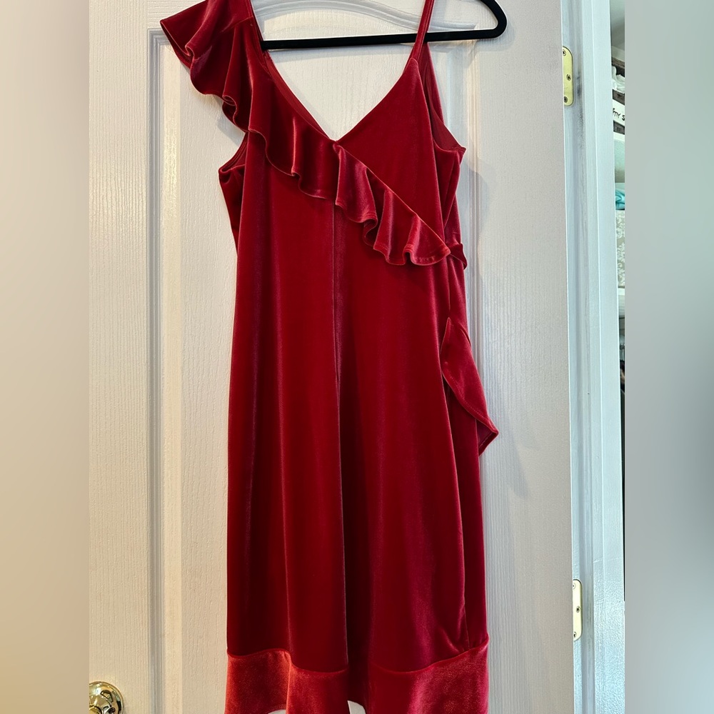 Express Red Velvet Ruffle Dress Size Small - Picture 2 of 8